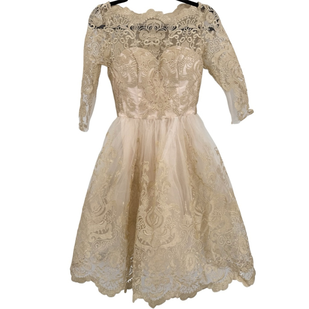Sheer Gold Lace Overlay Formal Dress Sweetheart Neckline Victorian Regency Sz 2